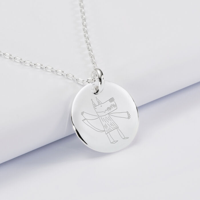 Personalised engraved gents rounded silver medallion pendant 20mm - sketch