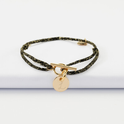 Bracelet cordon pailleté fermoir médaille martelée gravée plaqué or initiale 10 mm - Manuscrite L