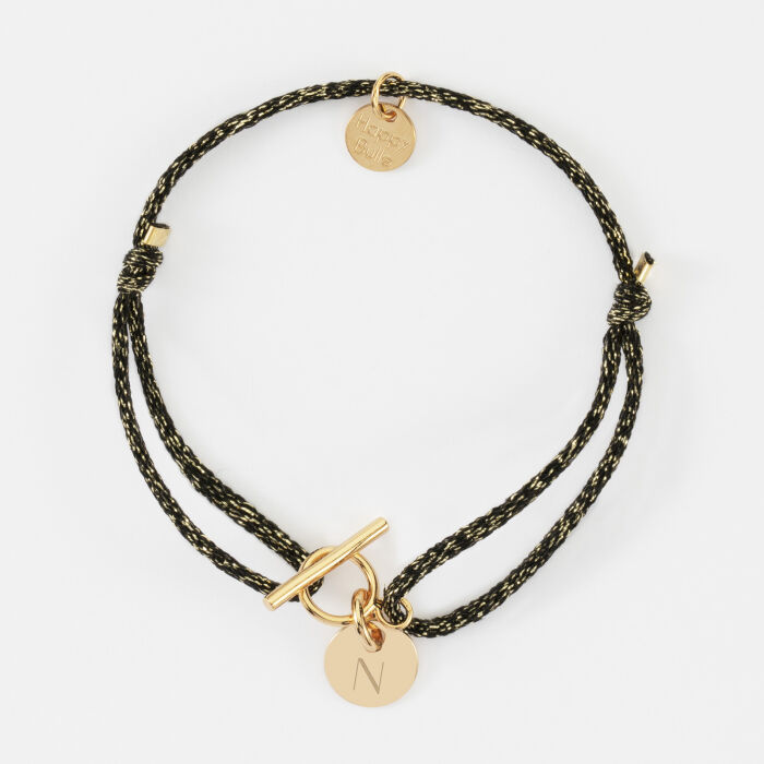 Bracelet cordon pailleté fermoir médaille martelée gravée plaqué or initiale 10 mm - Alphabet N