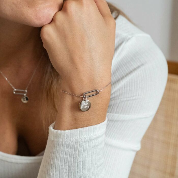 Bracelet chaîne ovale ouvert personnalisé médaille gravée argent 15 mm