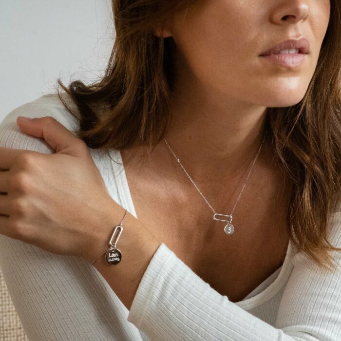 Bracelet chaîne ovale ouvert personnalisé médaille gravée argent 15 mm - Gravure