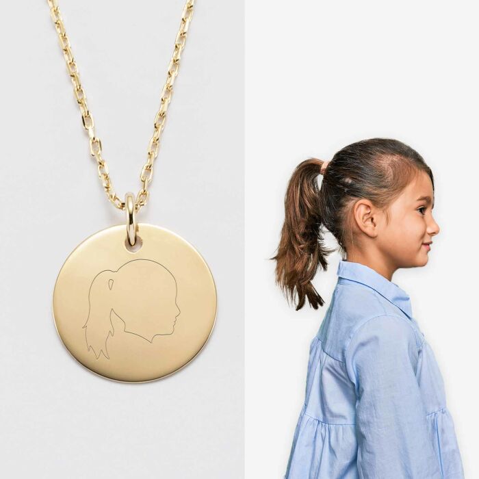 Pendentif silhouette personnalisé médaille plaqué or 19 mm - "Profil gravé" - fille