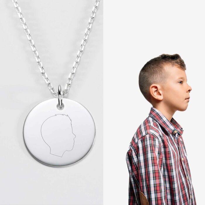 Pendentif silhouette personnalisé médaille argent 19 mm -  "Profil gravé" - garçon