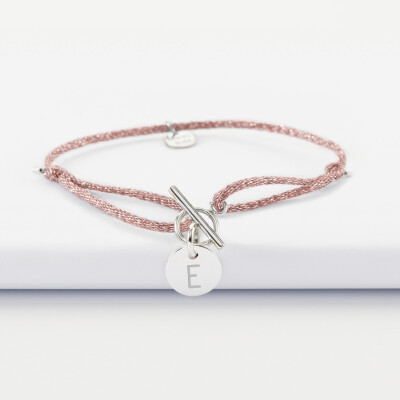 Bracelet fermoir personnalisé cordon pailleté médaille gravée argent initiale 10 mm - Lettre E
