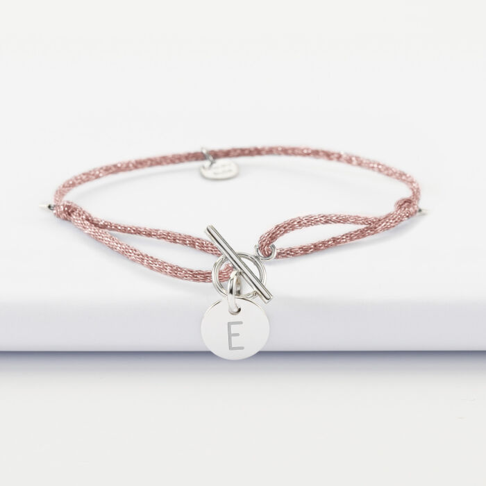 Bracelet fermoir personnalisé cordon pailleté médaille gravée argent initiale 10 mm - Lettre E