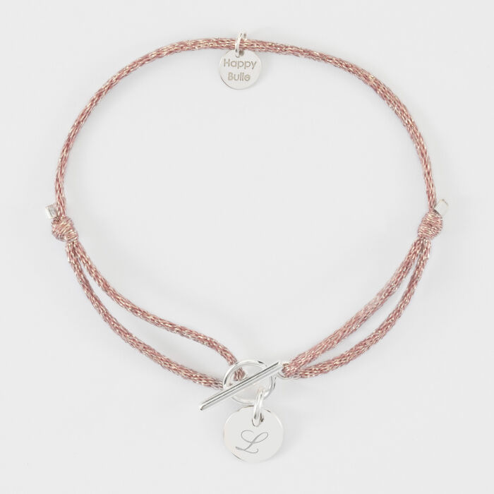 Bracelet fermoir personnalisé cordon pailleté médaille gravée argent initiale 10 mm