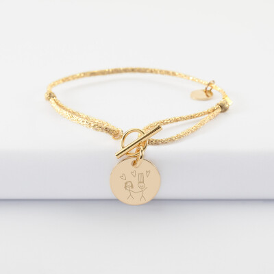 Bracelet fermoir personnalisé cordon pailleté médaille gravée plaqué or 15 mm - dessin