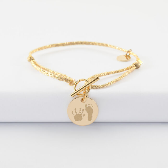 Bracelet fermoir personnalisé cordon pailleté médaille gravée plaqué or 15 mm - empreintes