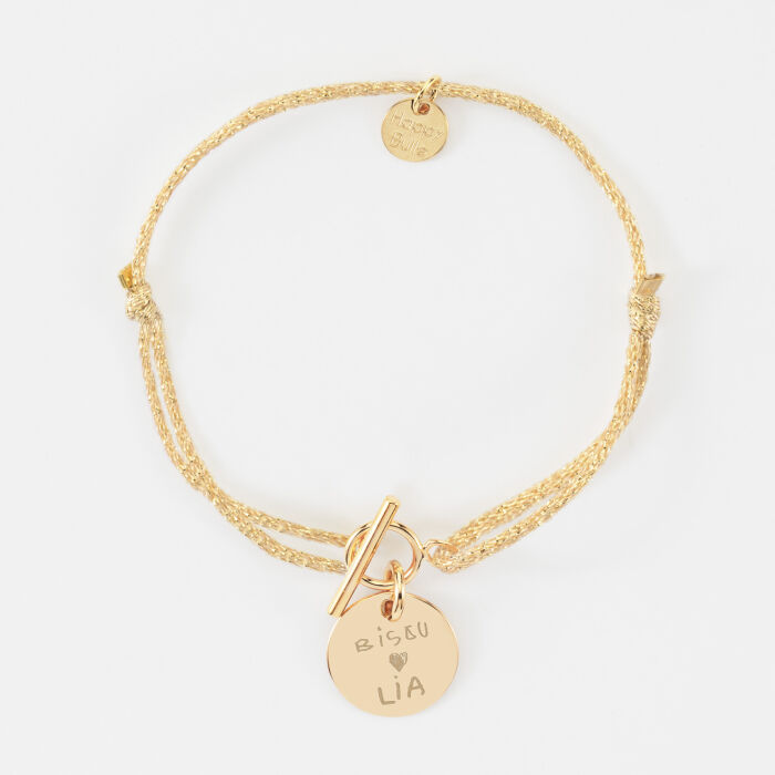 Bracelet fermoir personnalisé cordon pailleté médaille gravée plaqué or 15 mm - écrits