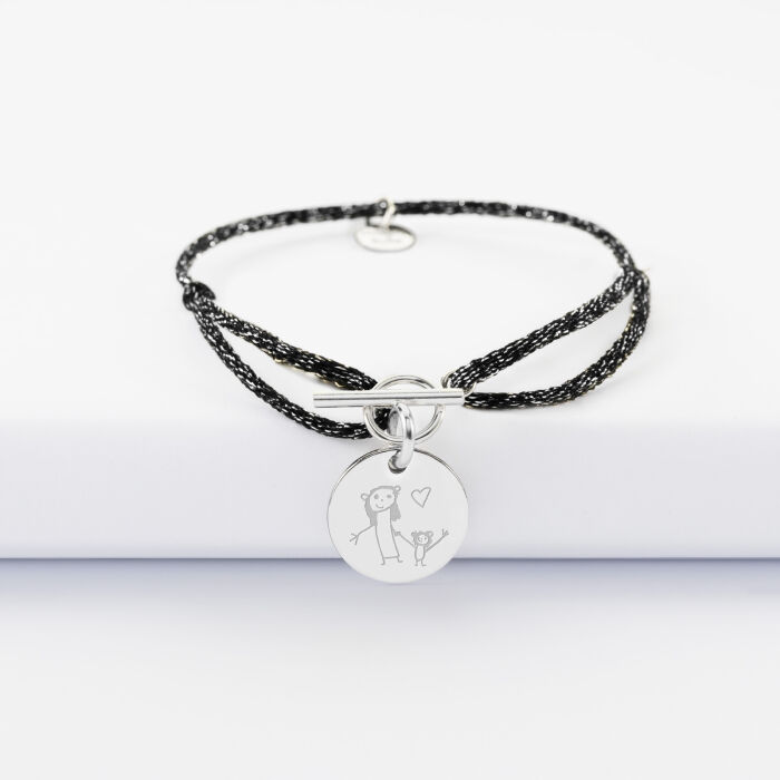 Bracelet fermoir personnalisé cordon pailleté médaille gravée argent 15 mm - dessin