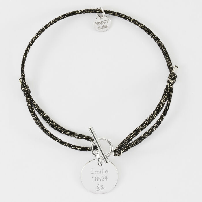 Bracelet fermoir personnalisé cordon pailleté médaille gravée argent 15 mm - prénom