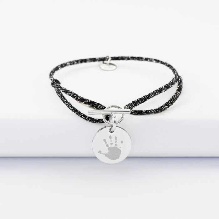 Bracelet fermoir personnalisé cordon pailleté médaille gravée argent 15 mm - empreinte
