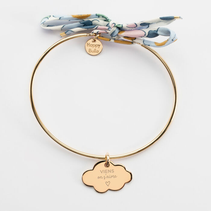 Bracelet personnalisé jonc plaqué or et cordon Liberty médaille gravée nuage 20x14  mm - illustration