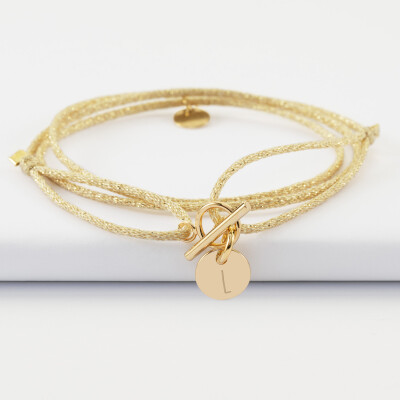 Bracelet fermoir 3 tours personnalisé cordon pailleté médaille gravée plaqué or initiale 10 mm (#15951) - Alphabet L