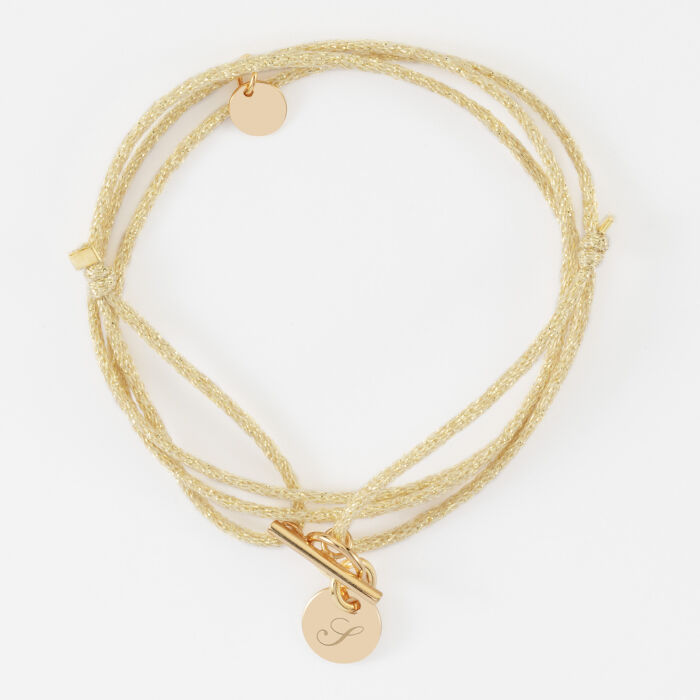 Bracelet fermoir 3 tours personnalisé cordon pailleté médaille gravée plaqué or initiale 10 mm (#15951) - Alphabet