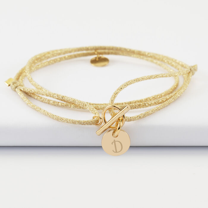 Bracelet fermoir 3 tours personnalisé cordon pailleté médaille gravée plaqué or initiale 10 mm (#15951) - Lettre D