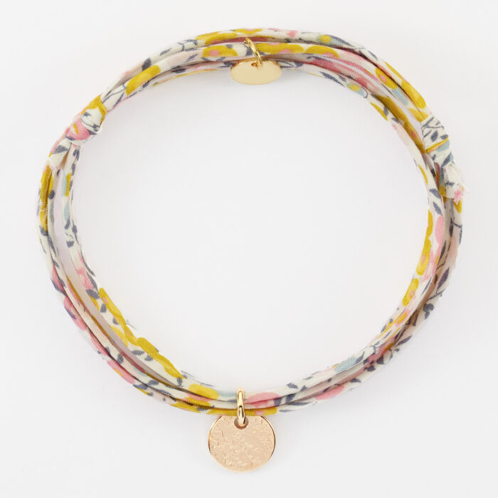Bracelet 3 tours Liberty personnalisé initiale médaille gravée martelée plaqué or 10 mm - texturée