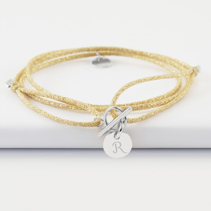 Bracelet fermoir 3 tours personnalisé cordon pailleté médaille gravée argent initiale 10 mm - coquette R