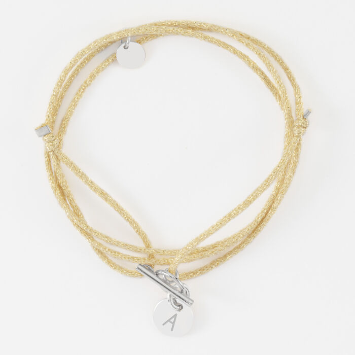 Bracelet fermoir 3 tours personnalisé cordon pailleté médaille gravée argent initiale 10 mm - Lettre A