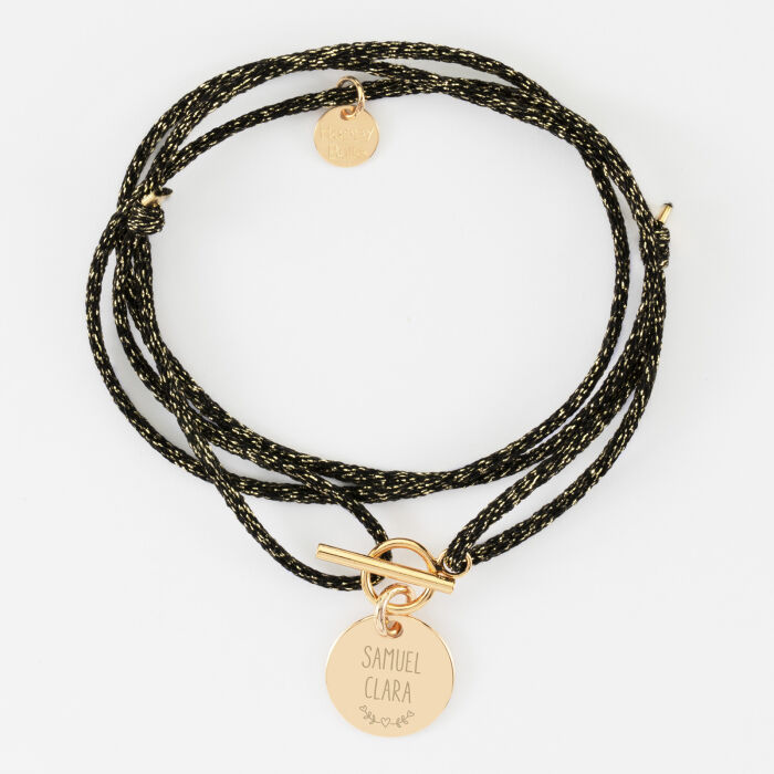 Bracelet fermoir 3 tours personnalisé cordon pailleté médaille gravée plaqué or initiale 15 mm - prénoms et pictogramme