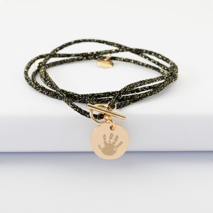Bracelet fermoir 3 tours personnalisé cordon pailleté médaille gravée plaqué or initiale 15 mm - empreinte
