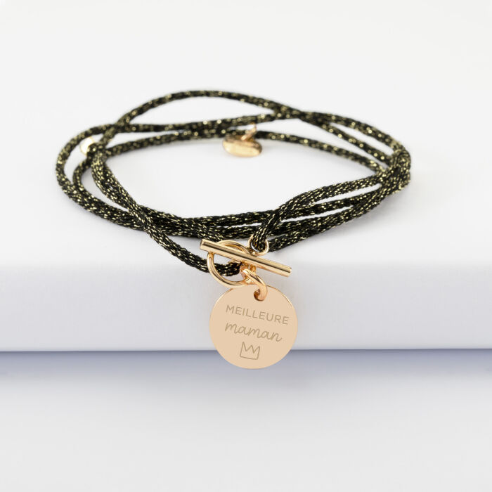 Bracelet fermoir 3 tours personnalisé cordon pailleté médaille gravée plaqué or initiale 15 mm - illustration