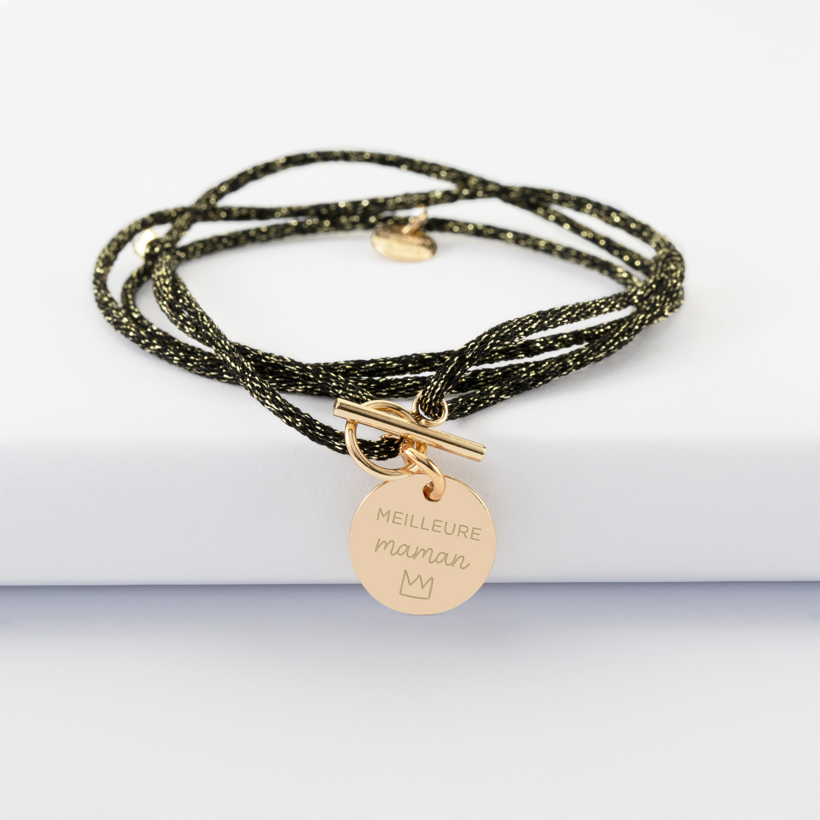 Bracelet "Le Lien" Personnalisé Cordon Pailleté Et Médaille Plaqué Or