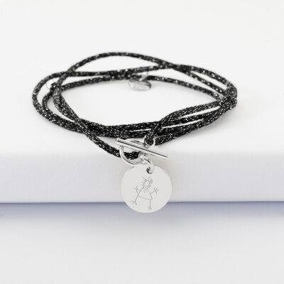 Bracelet fermoir 3 tours personnalisé cordon pailleté médaille gravée argent initiale 15 mm - dessin