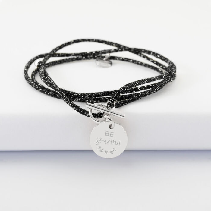 Bracelet fermoir 3 tours personnalisé cordon pailleté médaille gravée argent initiale 15 mm - illustration