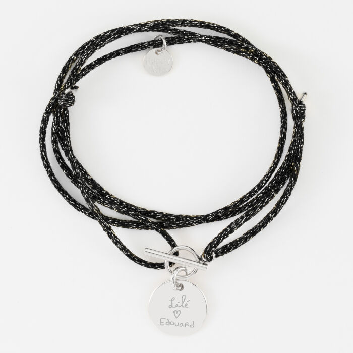 Bracelet fermoir 3 tours personnalisé cordon pailleté médaille gravée argent initiale 15 mm - écrits