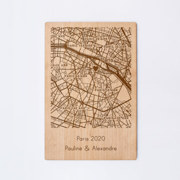 Porte-clés gravé Géo map personnalisé bois médaille 50 mm ronde