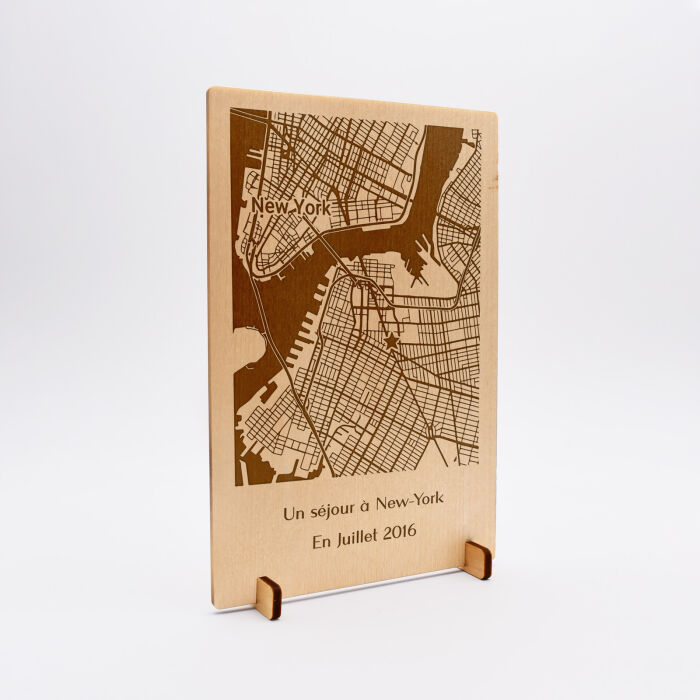 Cadre "Géo map" personnalisé bois gravé 15x10 cm avec support - geomap New-York