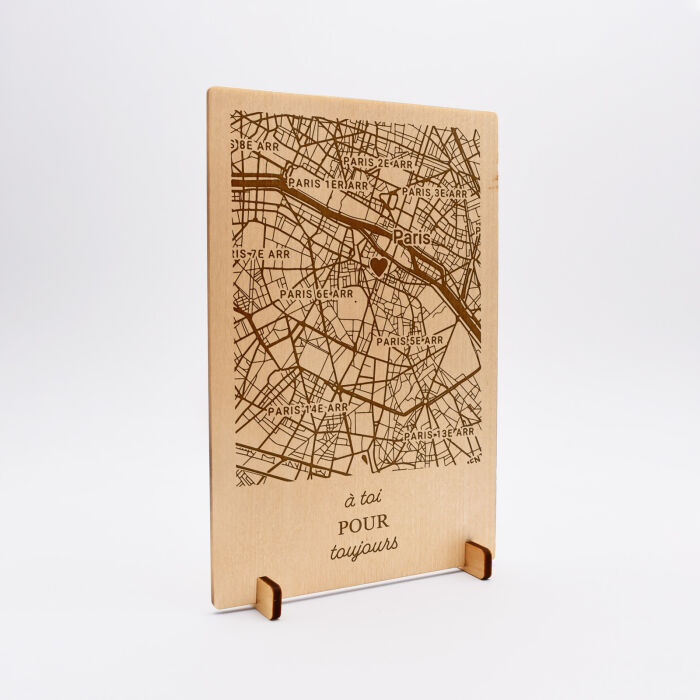 Cadre "Géo map" personnalisé bois gravé 15x10 cm avec support - illustration