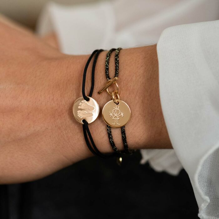 Bracelet fermoir personnalisé cordon pailleté médaille gravée plaqué or 15 mm - gravure dessin