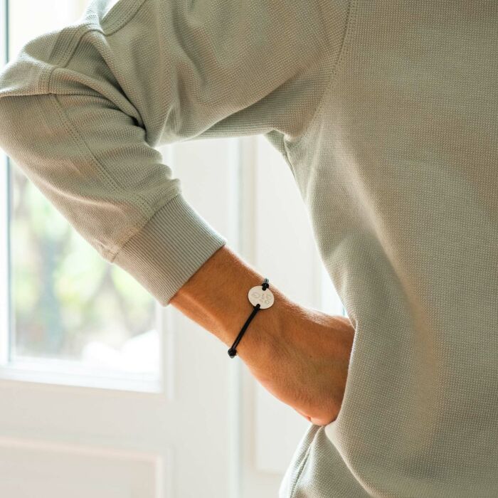 Personalised men double cord bracelet engraved silver disc 2 holes 20mm