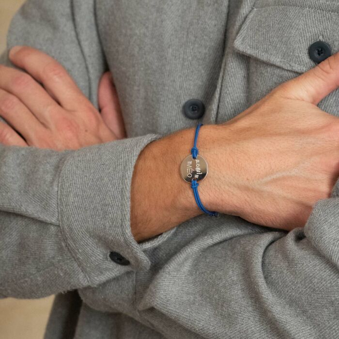 Bracelet homme personnalisé cordon doublé médaille gravée argent 2 trous 20 mm - prénoms