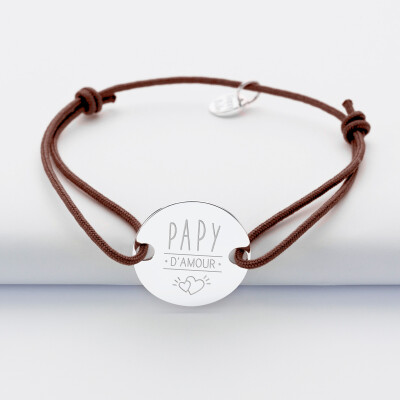 Bracelet homme personnalisé cordon simple médaille gravée argent 2 trous 20 mm - illustration papy