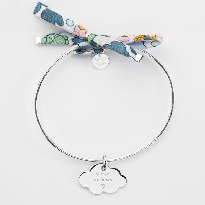 Bracelet personnalisé jonc argent et cordon Liberty médaille gravée nuage 20x14 mm - illustration