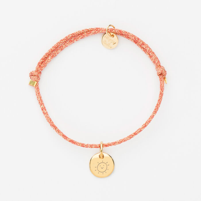 Bracelet enfant personnalisé cordon pailleté médaille gravée plaqué or initiale 10 mm - soleil
