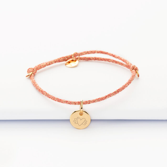 Bracelet enfant personnalisé cordon pailleté médaille gravée plaqué or initiale 10 mm - coeur