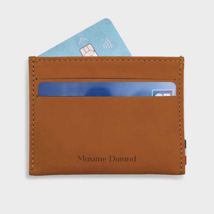 Porte-carte personnalisé cuir couleur Caramel 9,7x7,3cm - prénoms 2