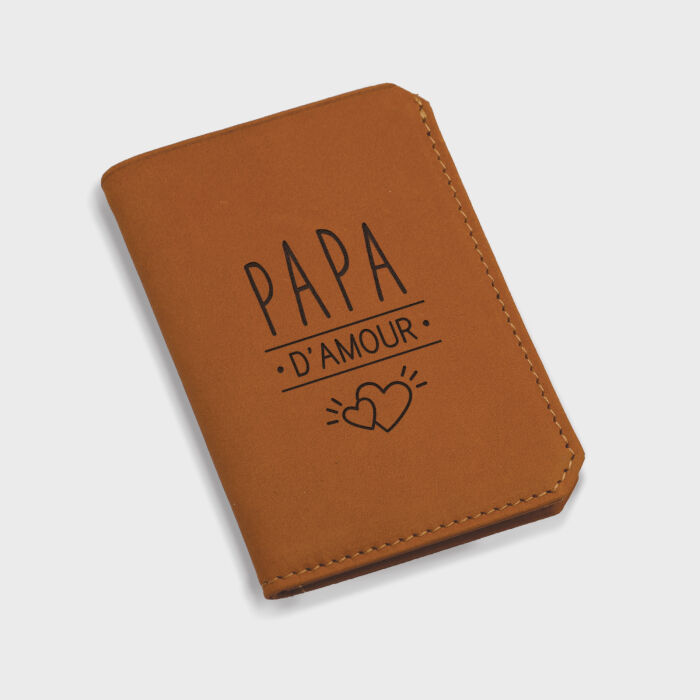 Porte-carte personnalisé double volets cuir couleur Caramel 6,8x9,8cm - illustration