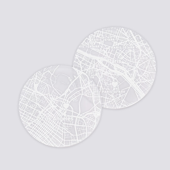 Lot de 2 sous-verres personnalisés gravés acrylique ronds 9 cm "Géo map" - face et différents