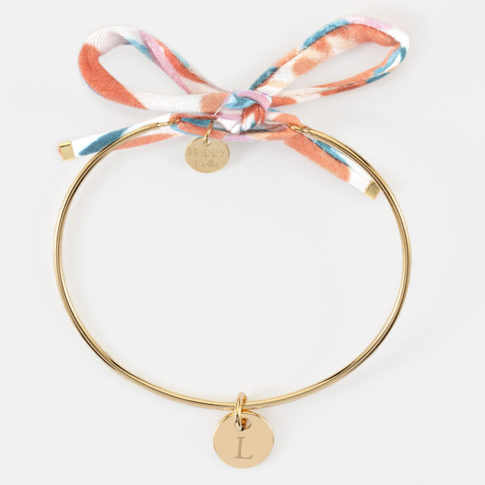 Bracelet personnalisé jonc plaqué or et cordon Liberty médaille martelée gravée 10 mm - L