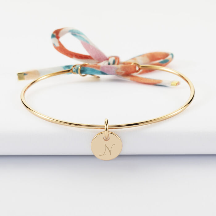 Bracelet personnalisé jonc plaqué or et cordon Liberty médaille martelée gravée 10 mm - N