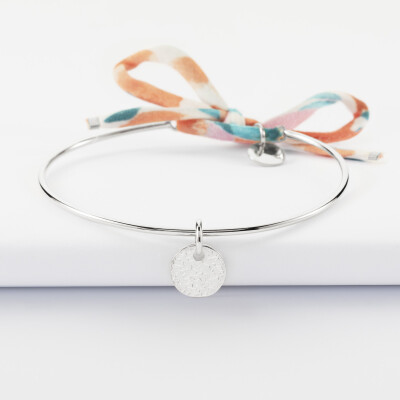 Bracelet personnalisé jonc argent et cordon Liberty médaille martelée gravée 10 mm - face martelée