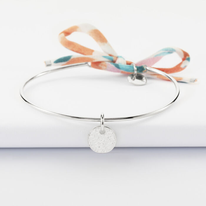 Bracelet personnalisé jonc argent et cordon Liberty médaille martelée gravée 10 mm - face martelée