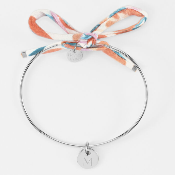 Bracelet personnalisé jonc argent et cordon Liberty médaille martelée gravée 10 mm - M