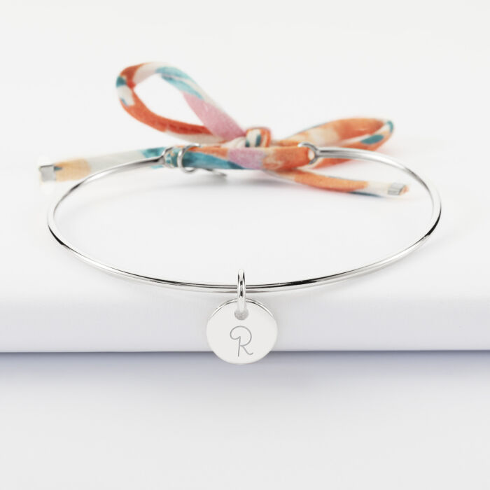 Bracelet personnalisé jonc argent et cordon Liberty médaille martelée gravée 10 mm - R