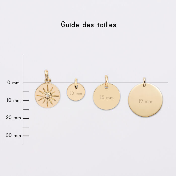 Breloque soleil scintillant plaqué or 14 mm - guide des tailles médailles